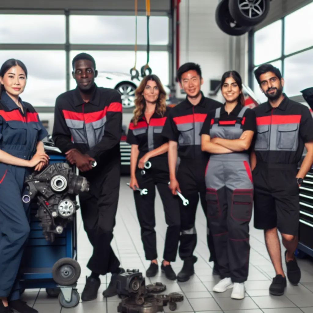 Automotive expert team standing in a professional workshop