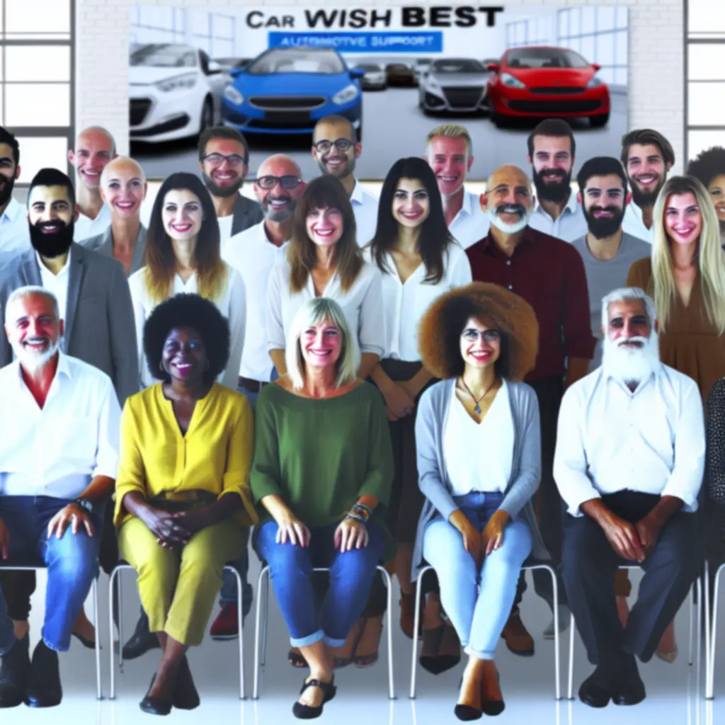 Car Wish Best support team standing together in a modern automotive service office