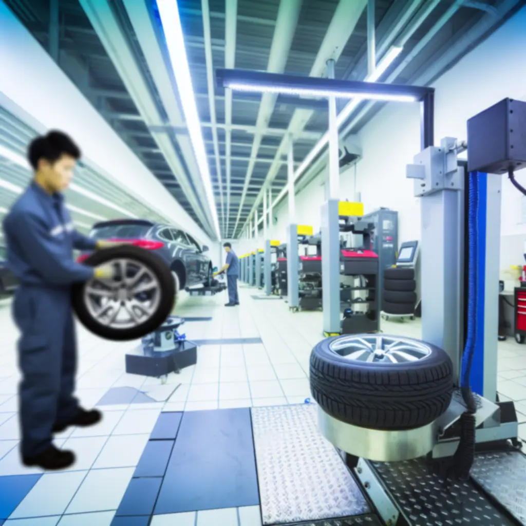 Tire service bay with wheels and alignment equipment
